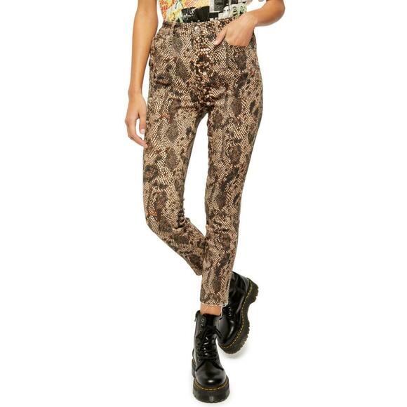 Free People Denim - Free People Womens High Waist Jeggings Sz 24 Brown Snakeskin Stretch Raw Hem NWT